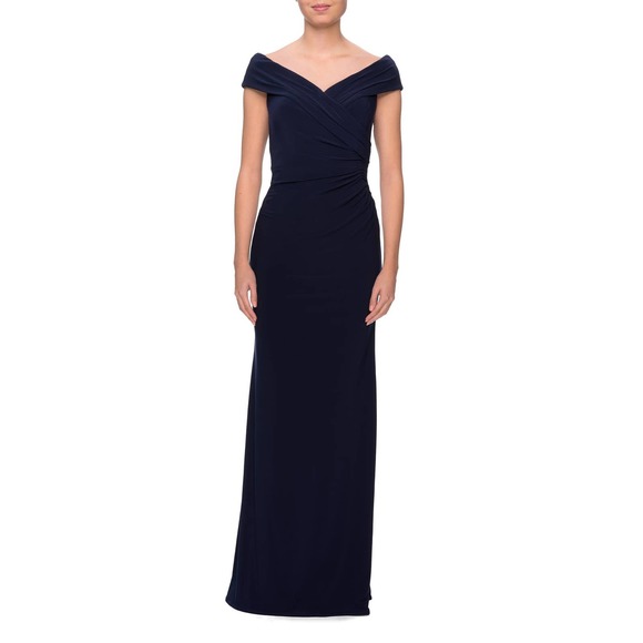 La Femme Dresses & Skirts - La Femme Navy Ruched Surplice Neckline Jersey Column Gown